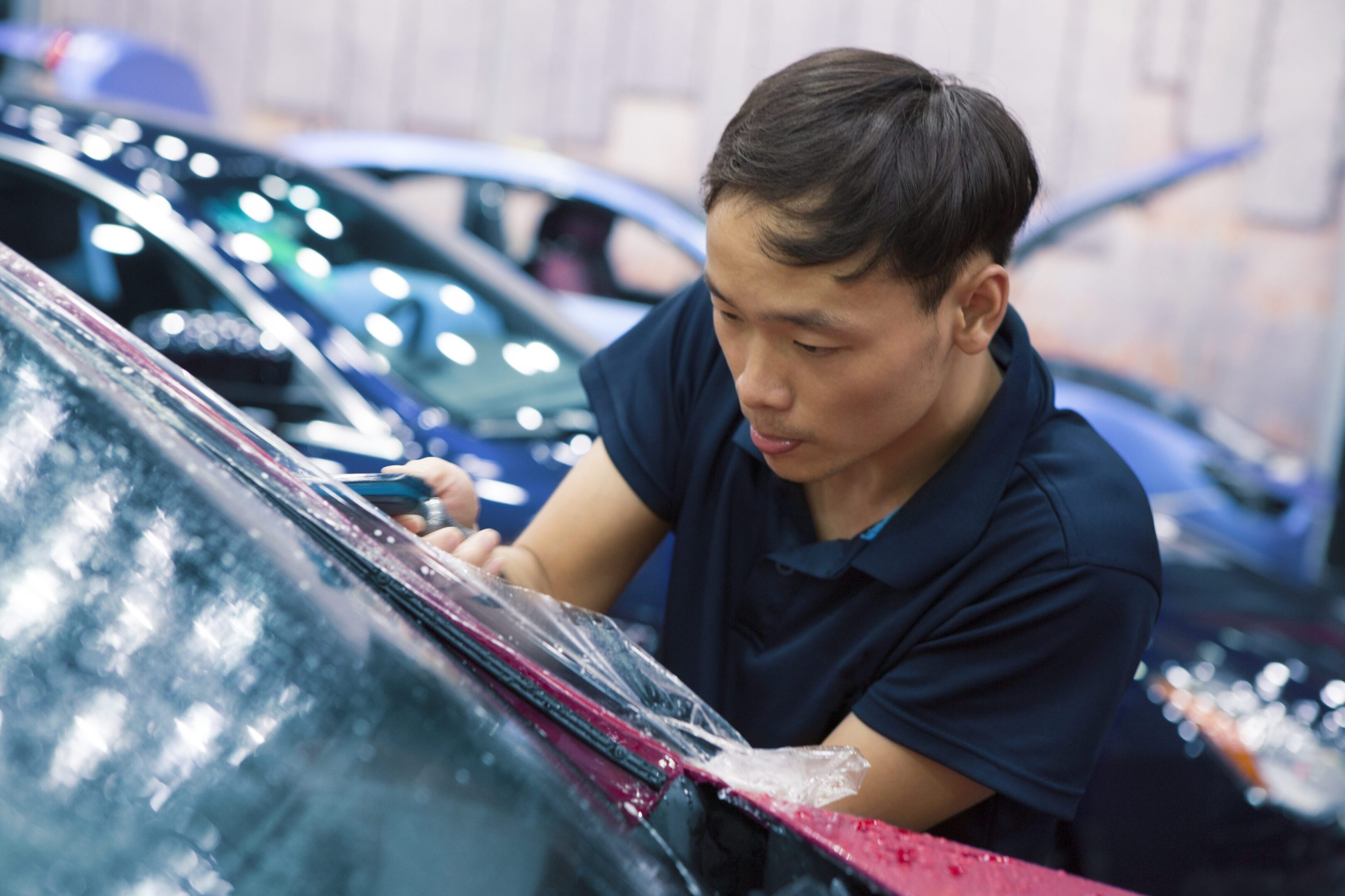 Technician installing car window tint