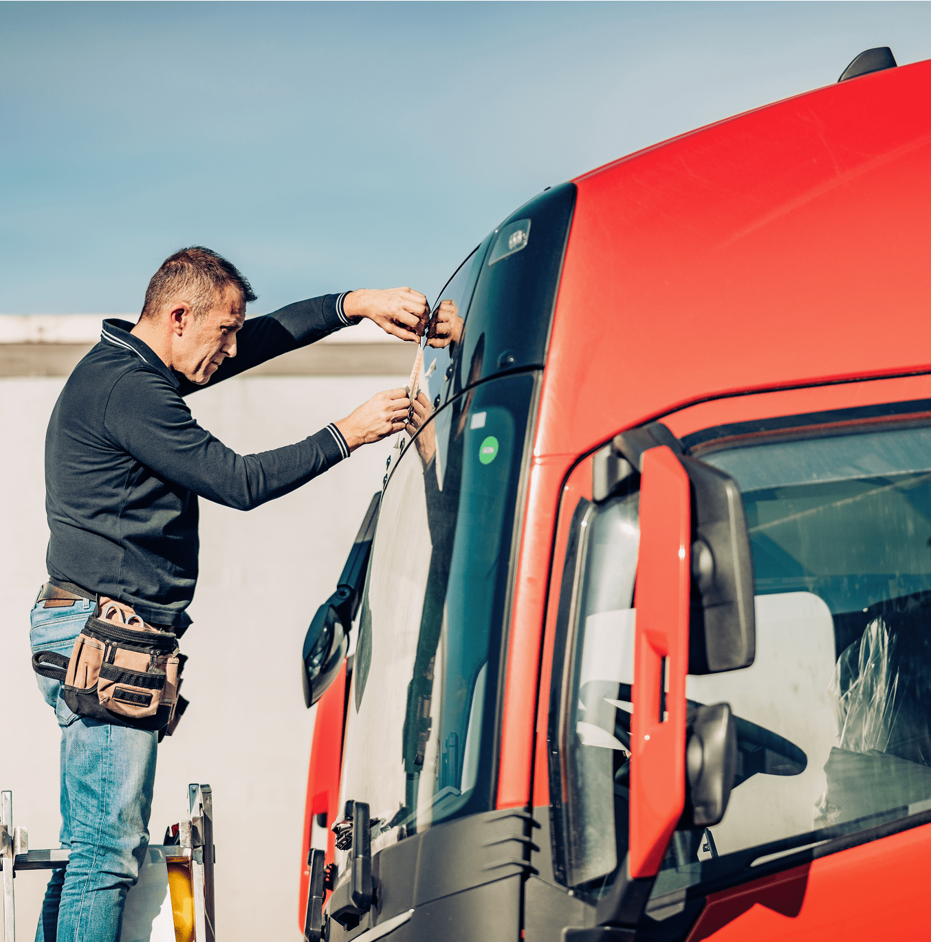 Worker on ladder fixing vehicle windshield