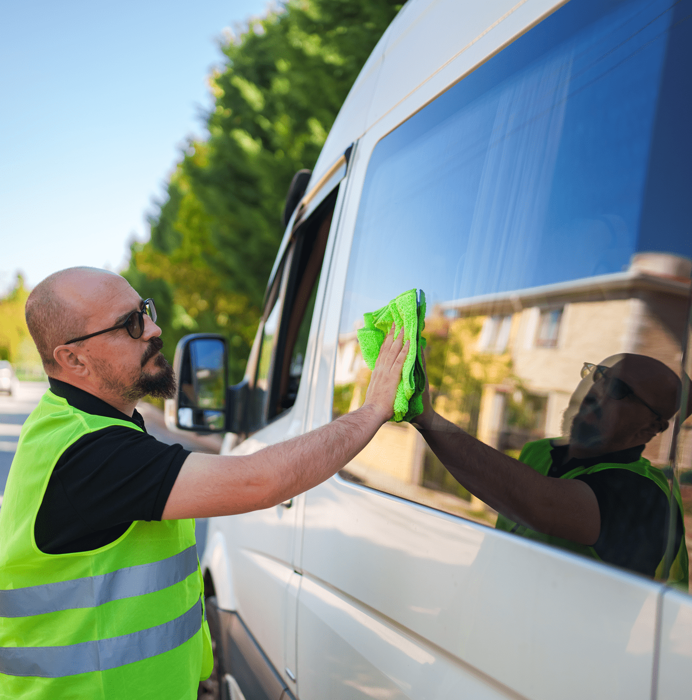 Person polishing van glass in sunlight