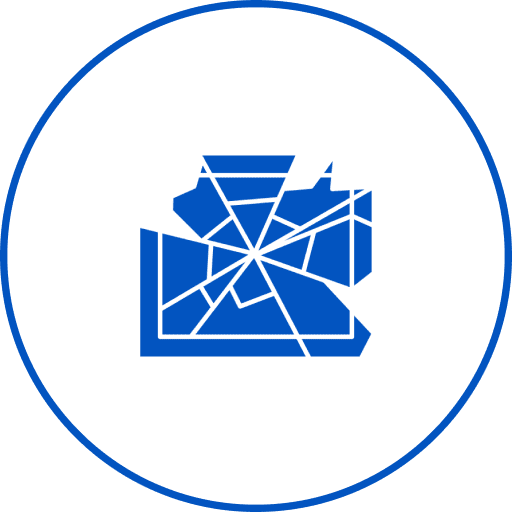 Abstract geometric camera symbol in blue.