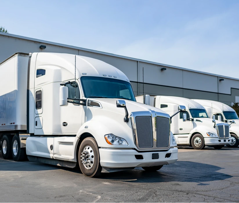 Fleet of trucks outside warehouse